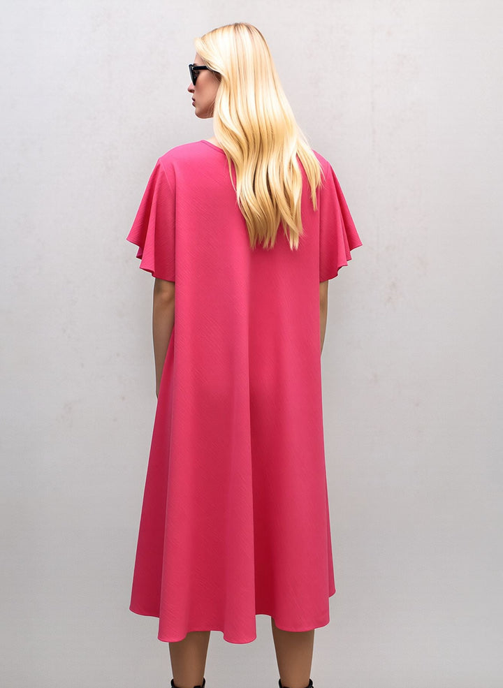 Pink Midi Dress Loose Fit Short Sleeve Swing Dress with Statement Necklace