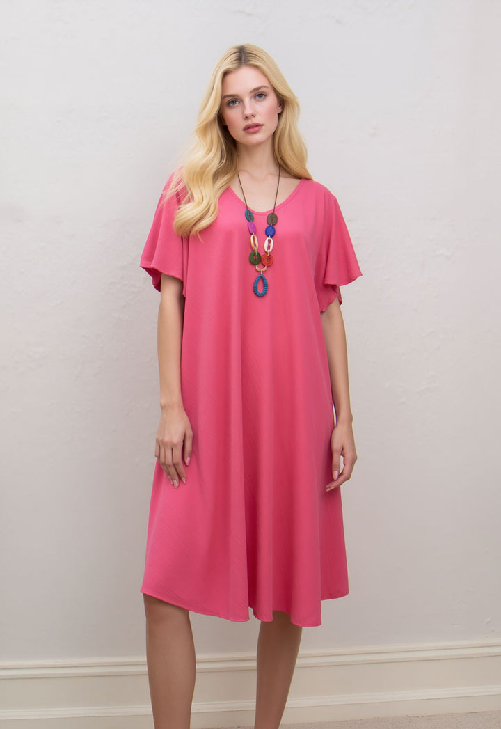 Pink Midi Dress Loose Fit Short Sleeve Swing Dress with Statement Necklace