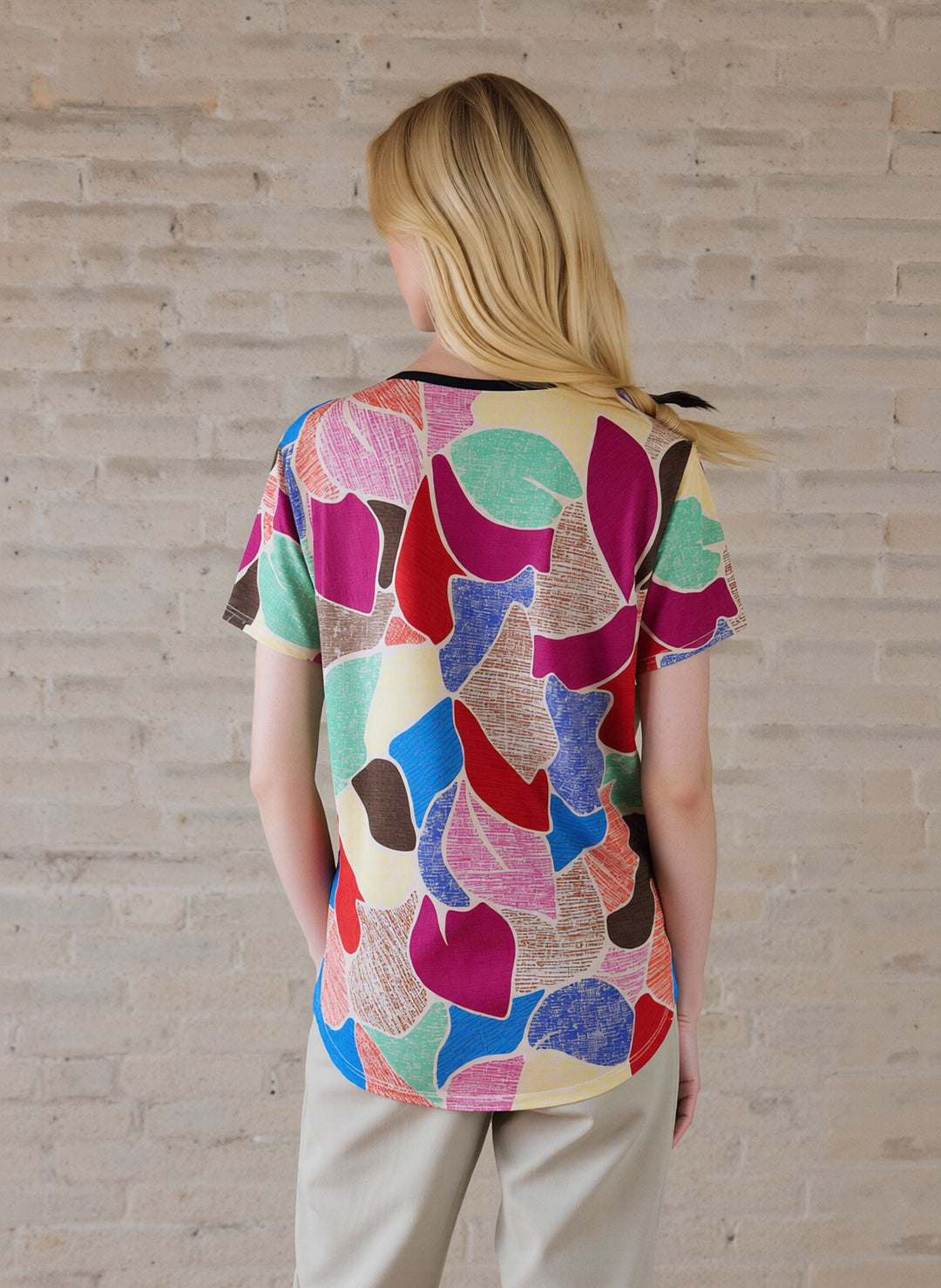 Pink Multicolour Abstract Print V-Neck Zip Top