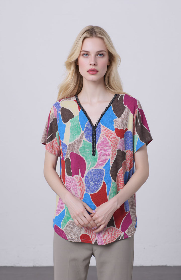 Pink Multicolour Abstract Print V-Neck Zip Top