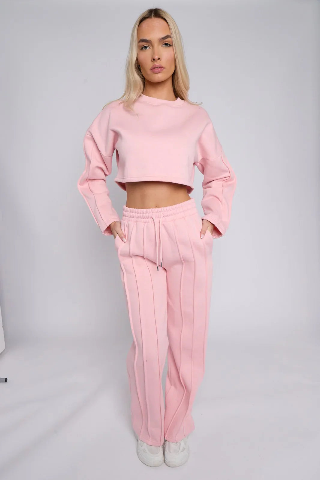 Pink Seam Detail Oversized Crop Top & Joggers Fleece Co-ord