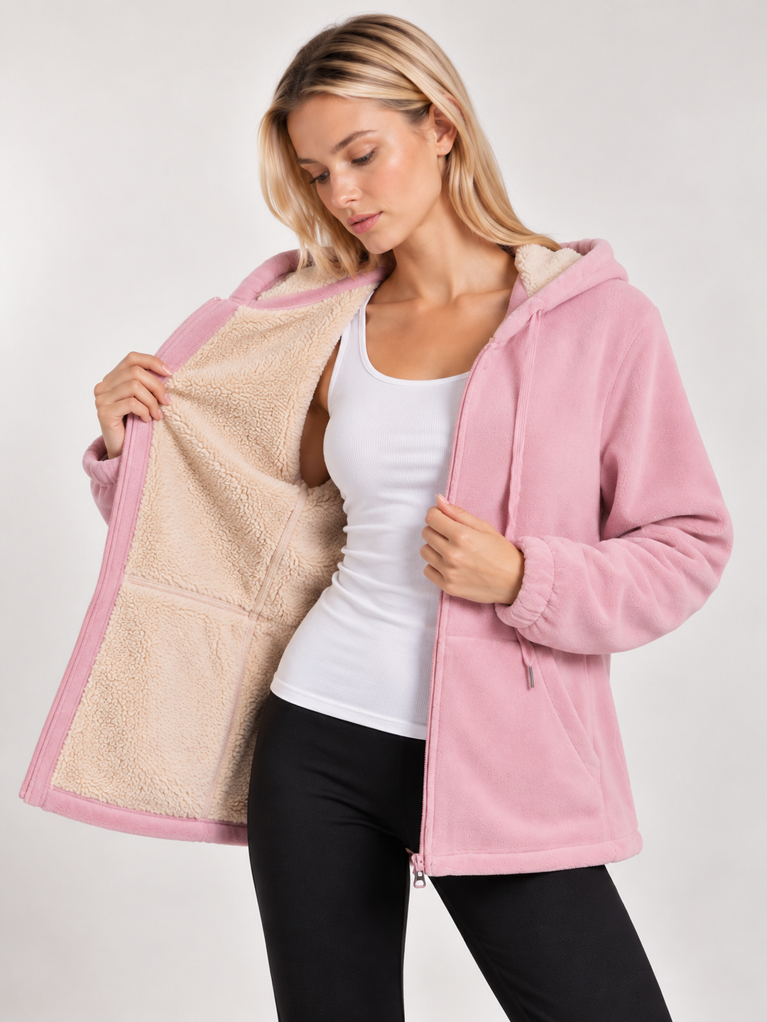Pink Sherpa Lined Zip-Up Hooded Fleece Jacket