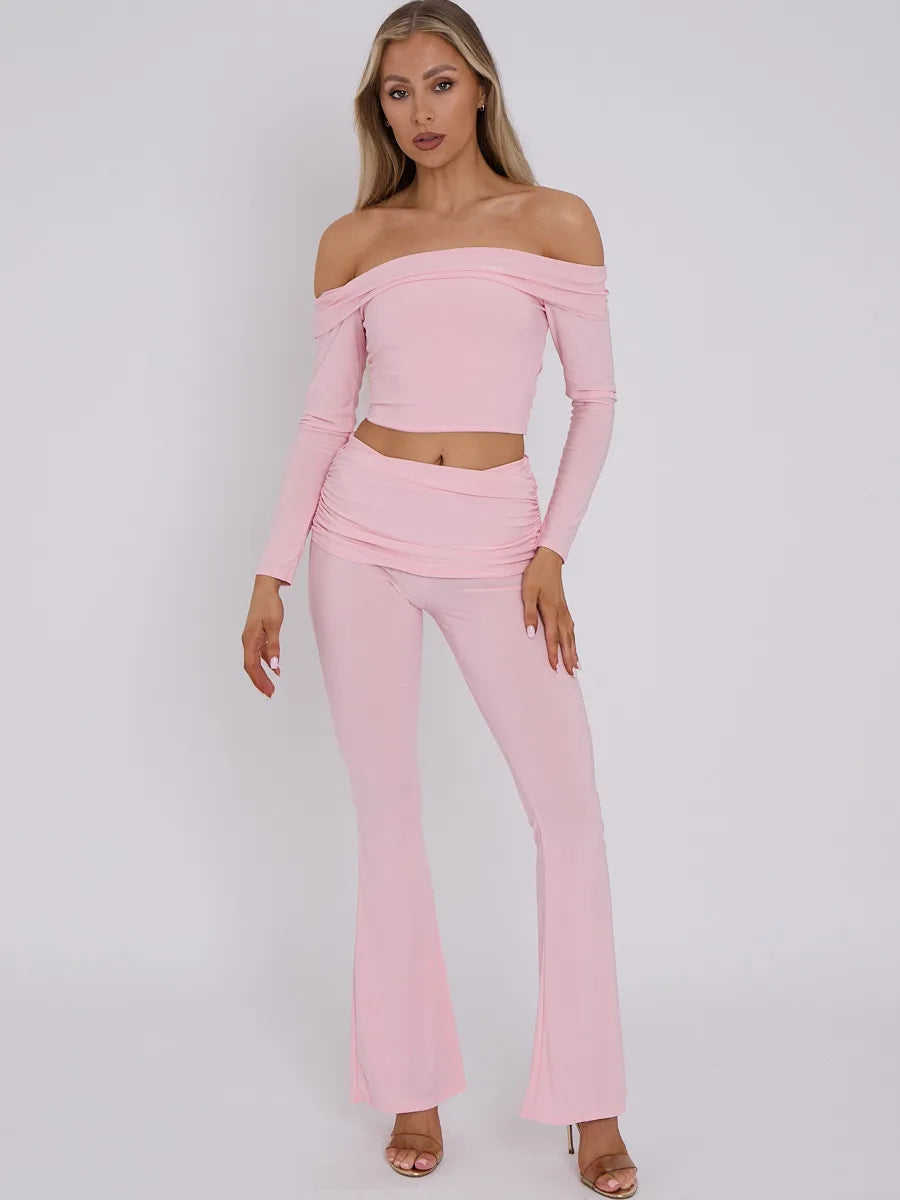 Pink Slinky Off Shoulder Crop Top & Fold Over Flares Trousers Co-ord Set