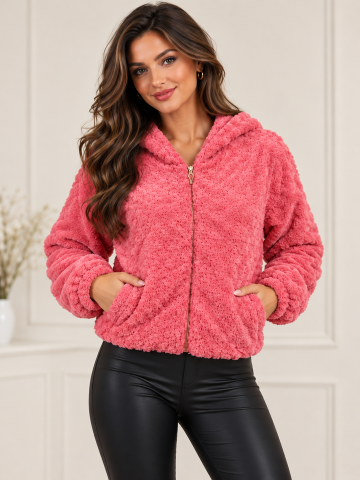 Pink Soft Faux Fur Hooded Zip-Up Jacket