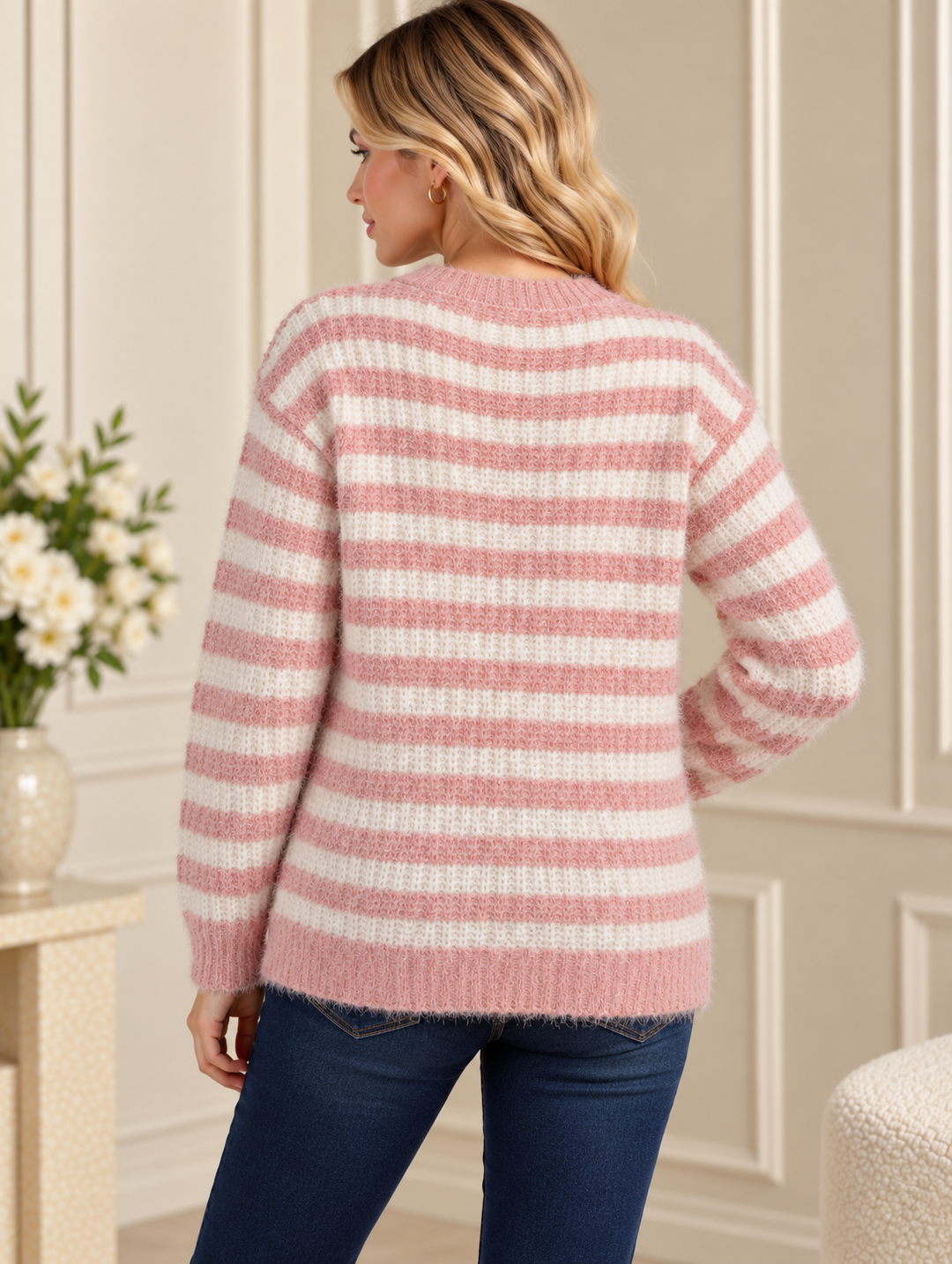 Pink Soft Fluffy Striped Crew Neck Knitted Jumper