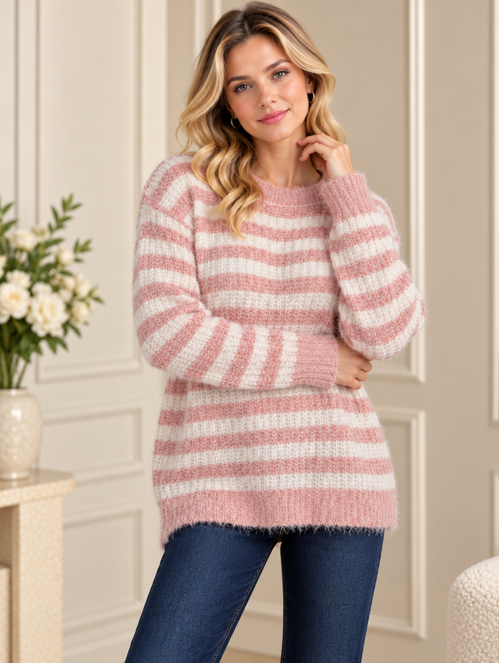Pink Soft Fluffy Striped Crew Neck Knitted Jumper