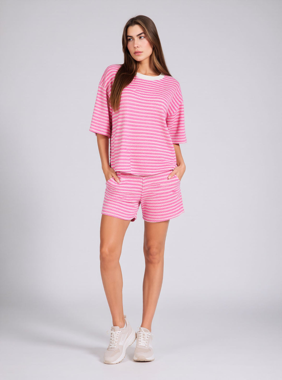 Pink Striped Co-Ord Shorts Set with Oversized Top