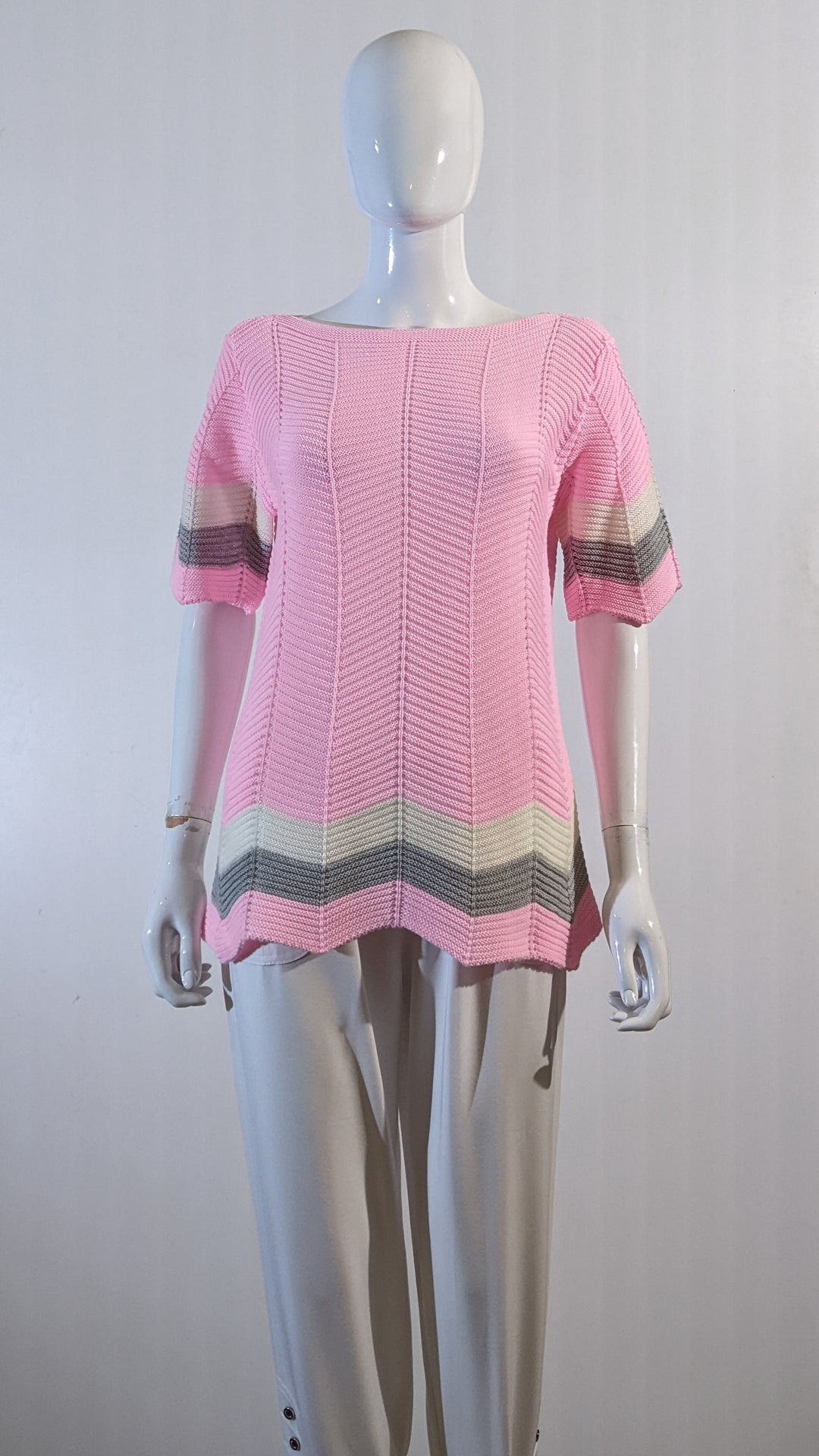 Pink Stylish Pattern Ribbed Short Sleeve Jumper