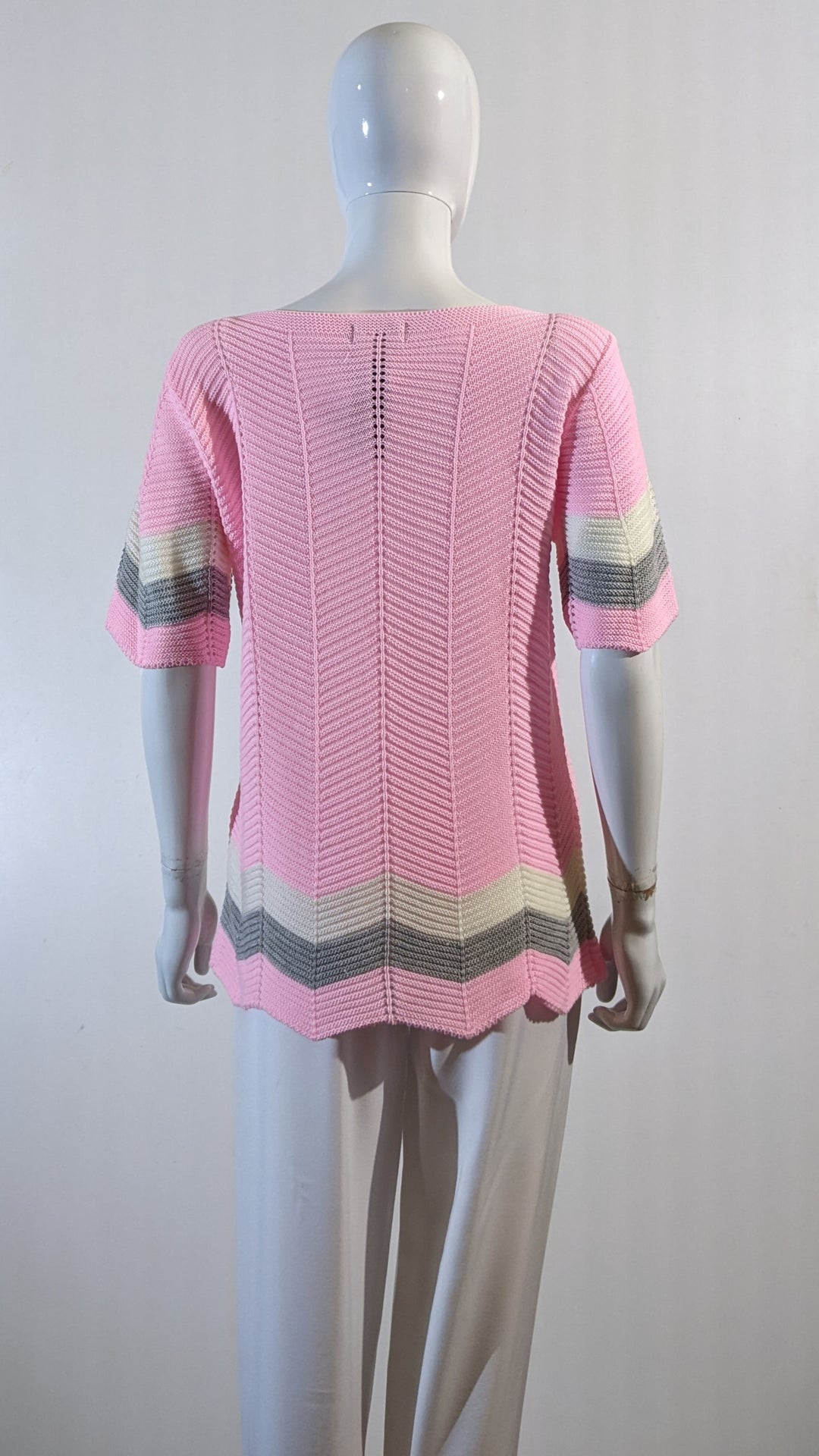 Pink Stylish Pattern Ribbed Short Sleeve Jumper