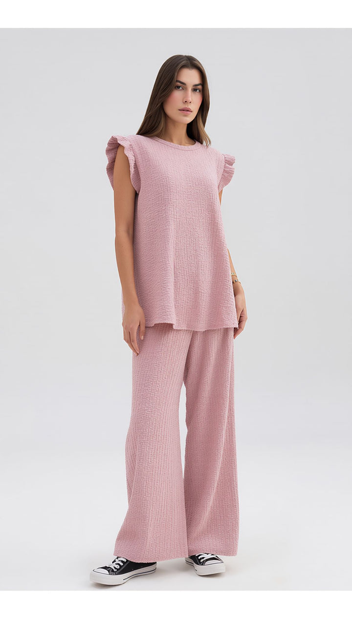 Pink Textured Frill Sleeve Co-Ord Lounge Set Wide Leg Trousers Two Piece Outfit