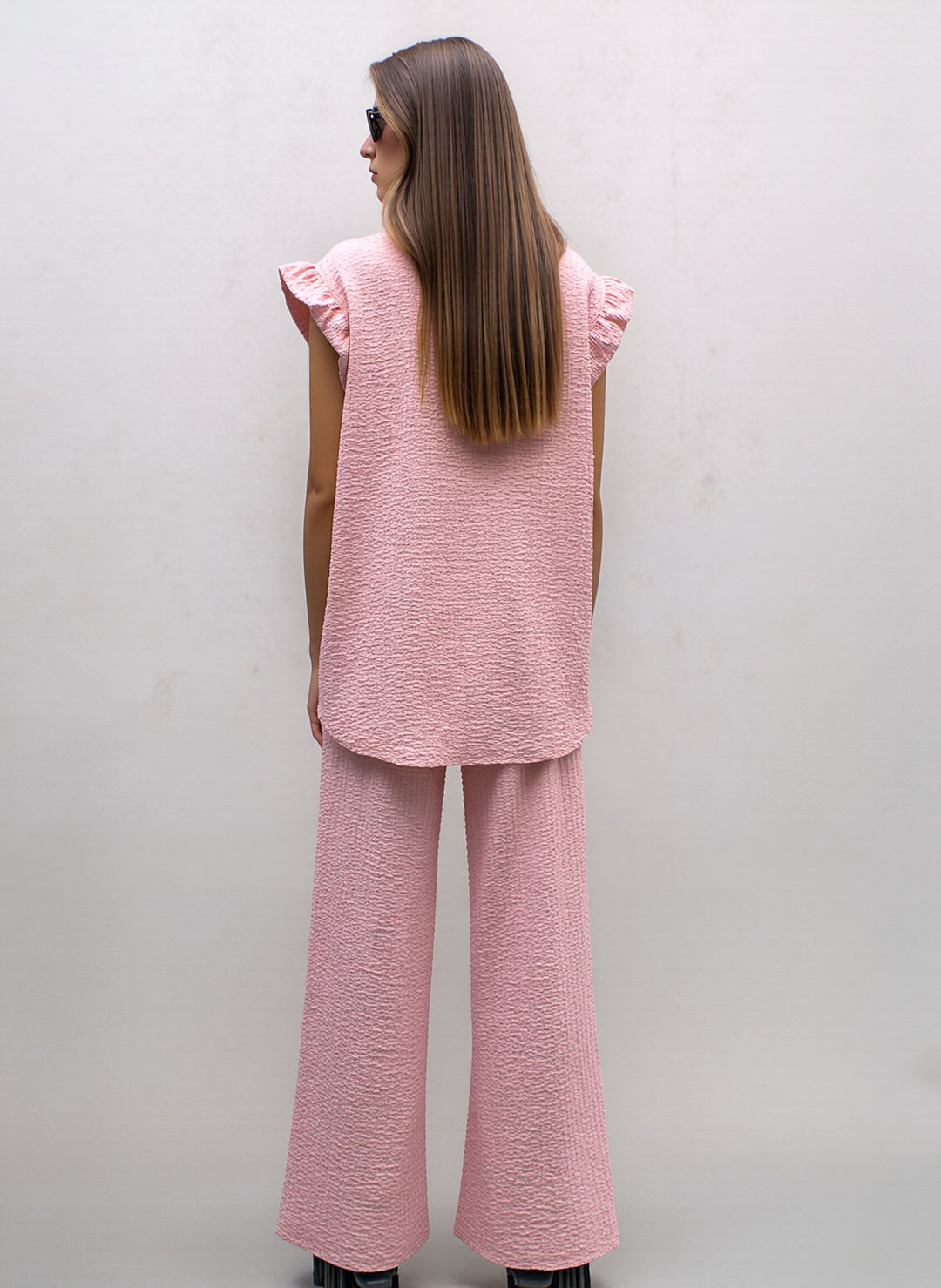 Pink Textured Frill Sleeve Co-Ord Lounge Set Wide Leg Trousers Two Piece Outfit