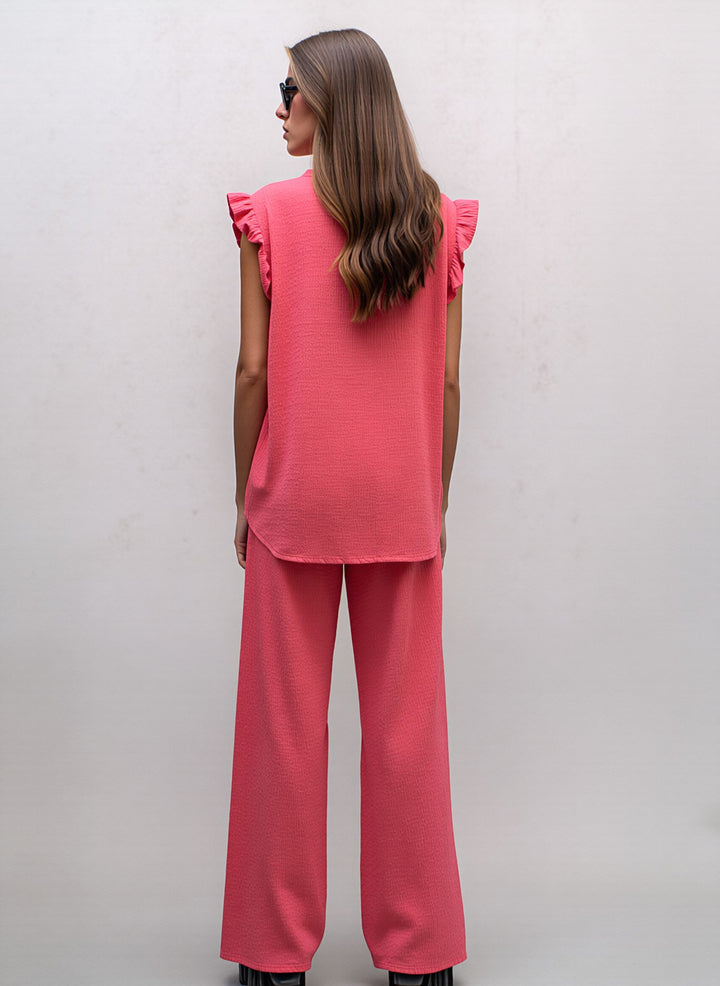 Pink Textured Frill Sleeve Co-Ord Lounge Set Wide Leg Trousers Two Piece Outfit