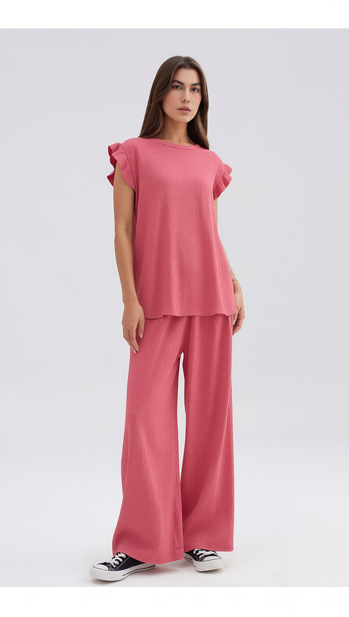 Pink Textured Frill Sleeve Co-Ord Lounge Set Wide Leg Trousers Two Piece Outfit