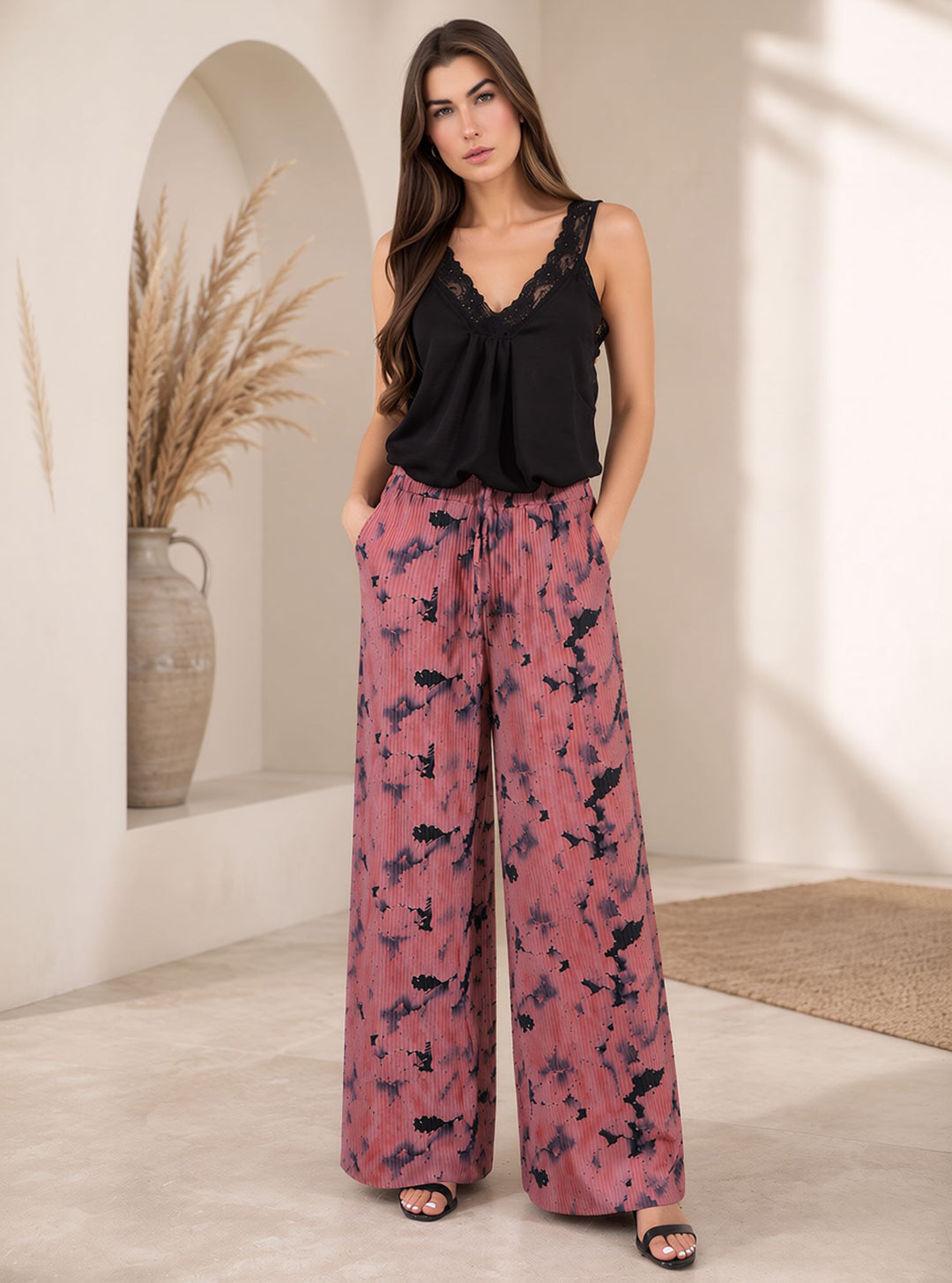 Pink Tie Dye Crinkle Pleated Wide Leg Trousers Elasticated Waist Printed Pants
