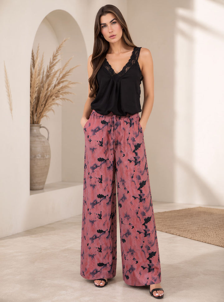 Pink Tie Dye Crinkle Pleated Wide Leg Trousers Elasticated Waist Printed Pants