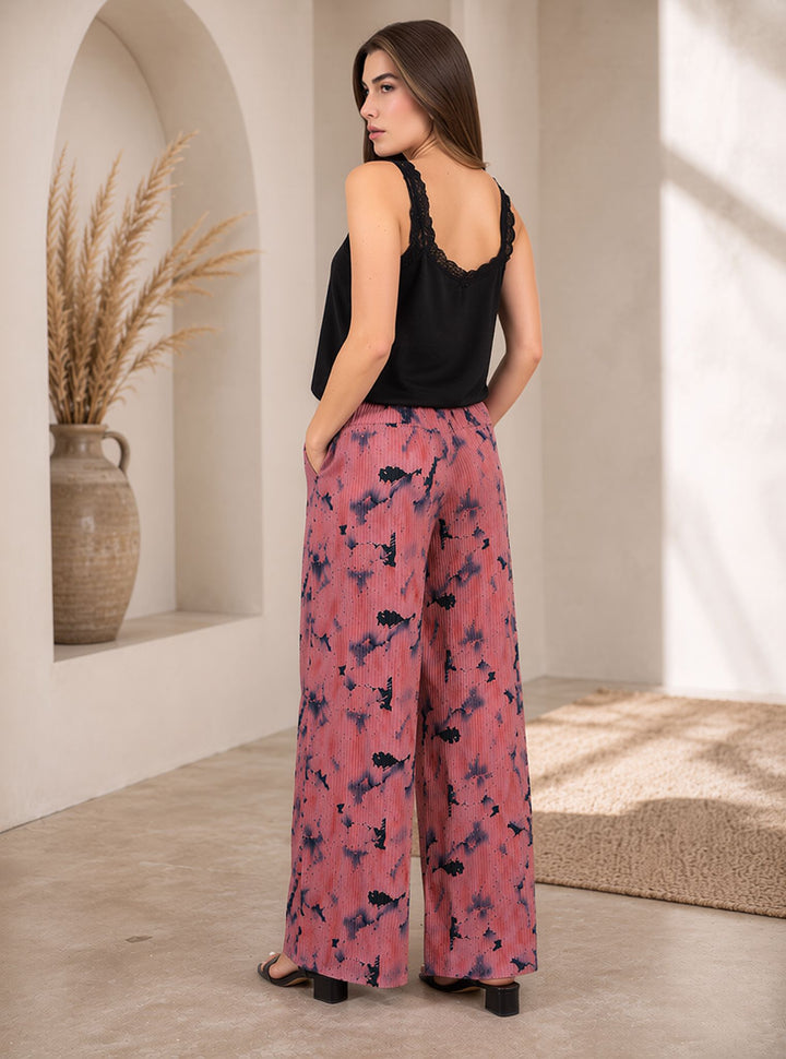 Pink Tie Dye Crinkle Pleated Wide Leg Trousers Elasticated Waist Printed Pants