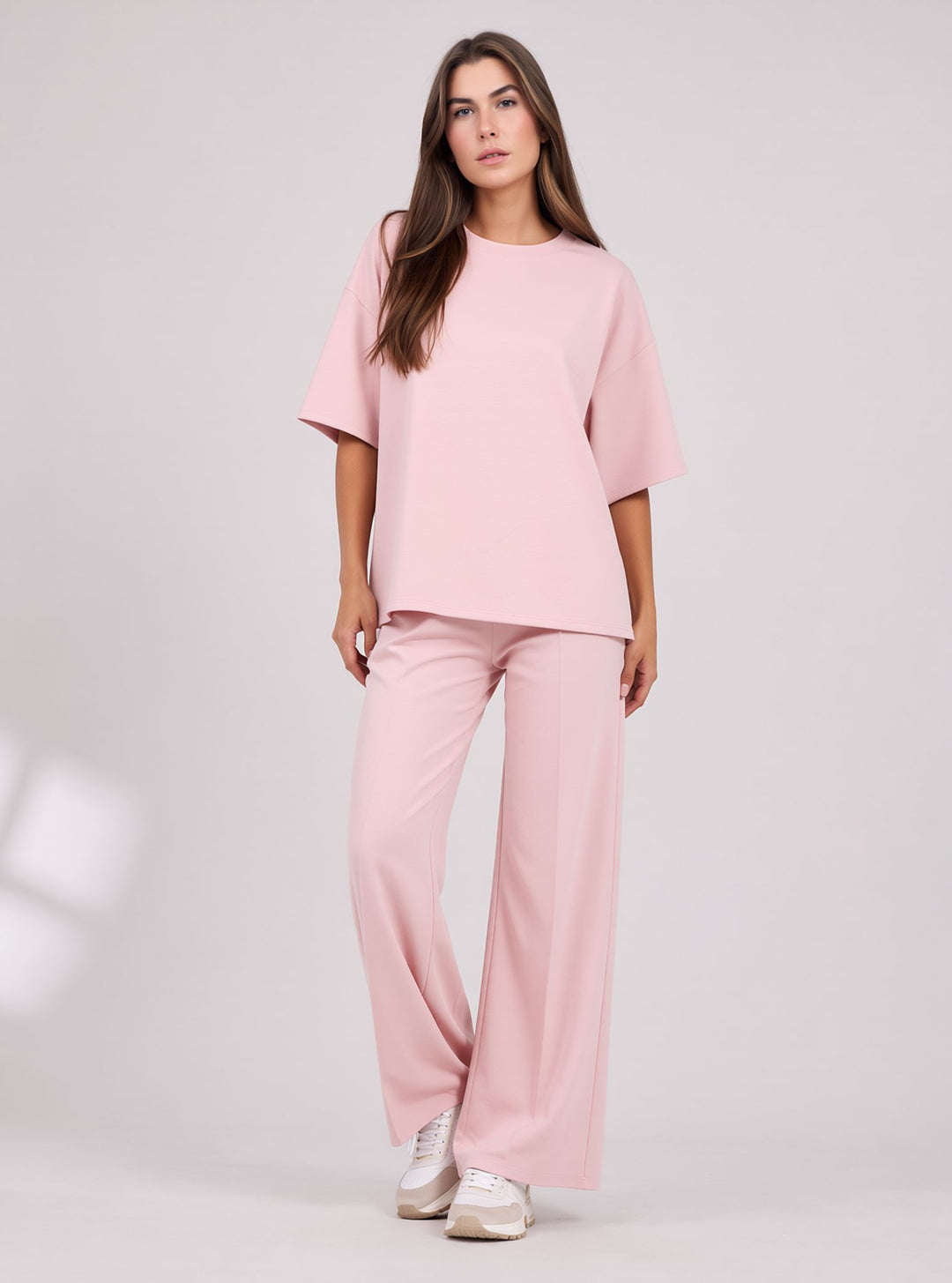 Pink Two Piece Co-Ord Set Oversize Top with Seam Detail Wide Leg Trousers