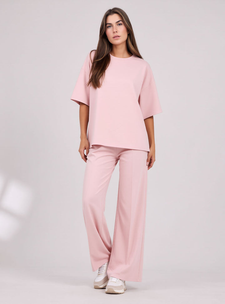 Pink Two Piece Co-Ord Set Oversize Top with Seam Detail Wide Leg Trousers