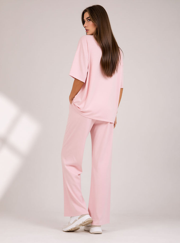Pink Two Piece Co-Ord Set Oversize Top with Seam Detail Wide Leg Trousers