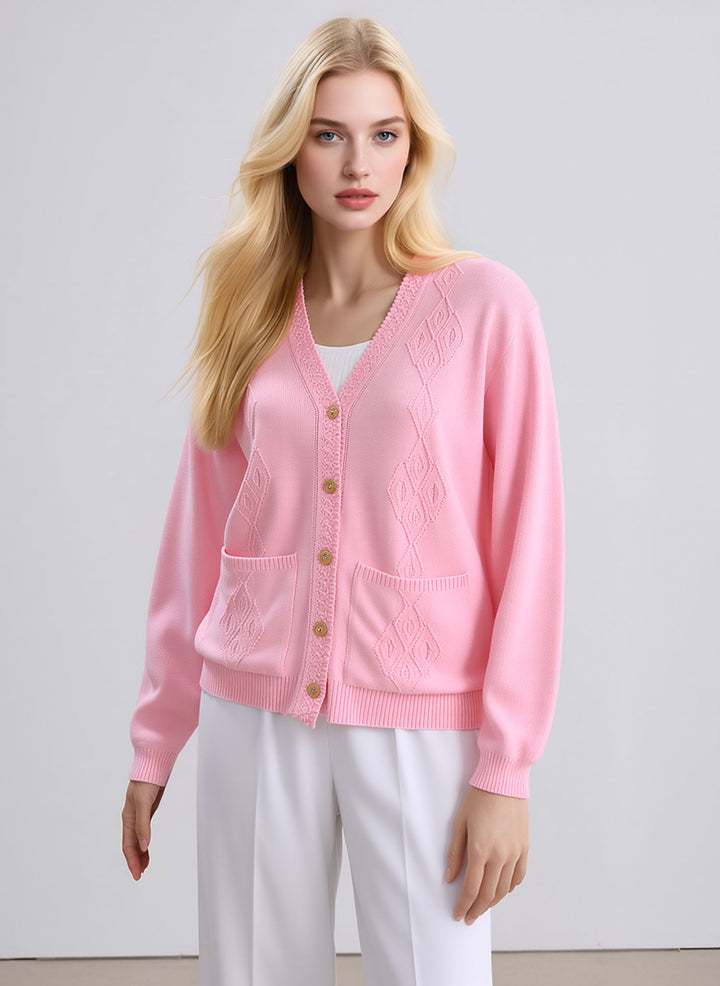 Pink V-Neck Pocket Button Up Cardigan