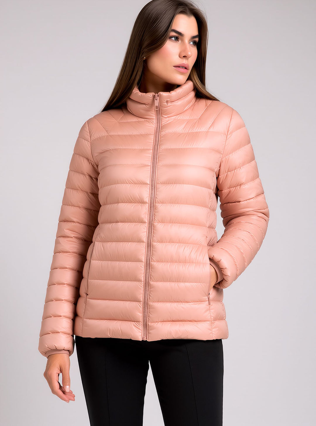 Pink Waterproof & Windproof Lightweight Padded Jacket with Funnel Neck