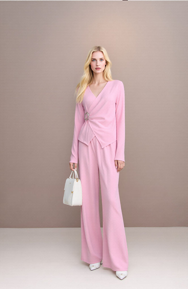 Pink Wide Leg Co-Ord Set  Wrap Top & Trousers Two Piece Outfit