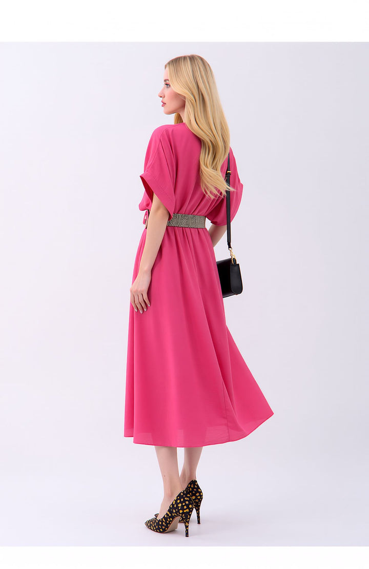 Pink Wrap Midi Dress Elegant Summer Occasion Dress with Belt