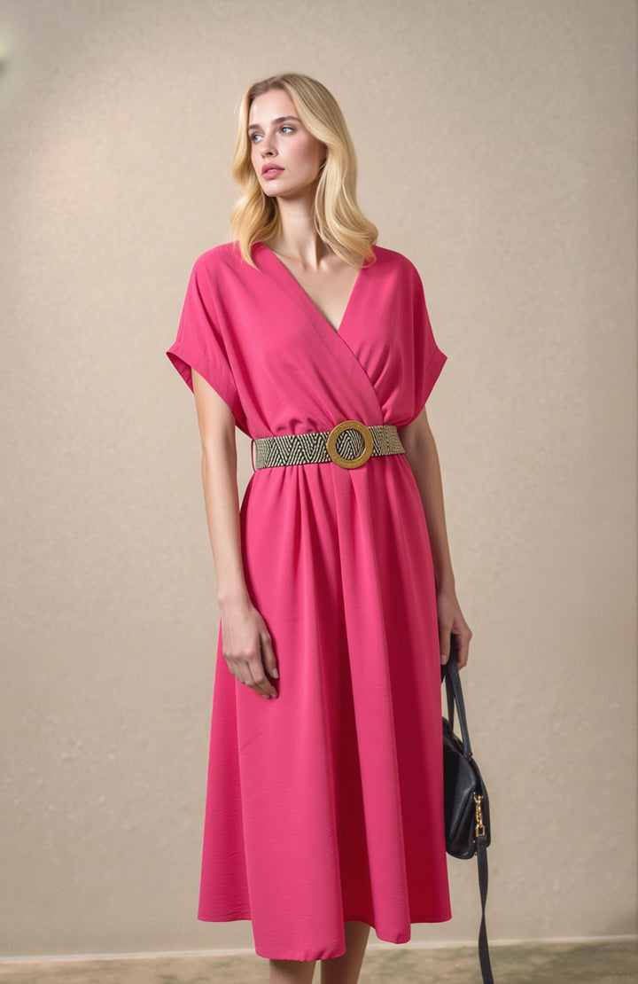 Pink Wrap Midi Dress Elegant Summer Occasion Dress with Belt