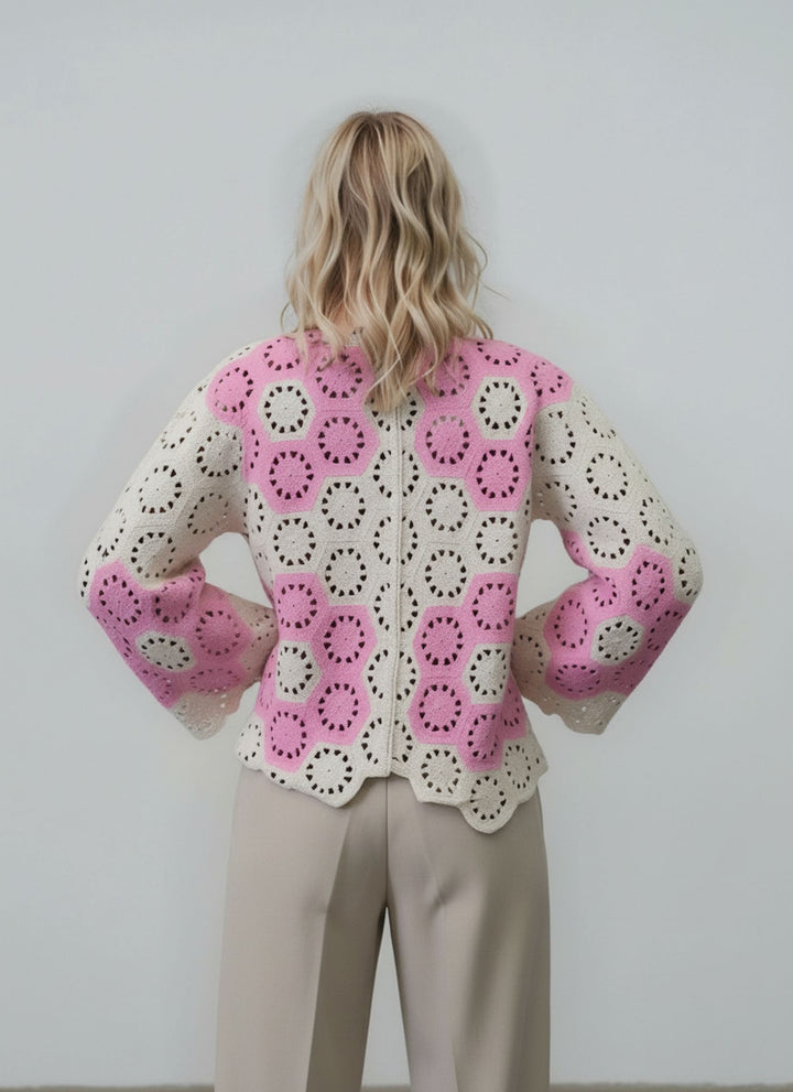 Pink & Cream Crochet Button Front Cardigan