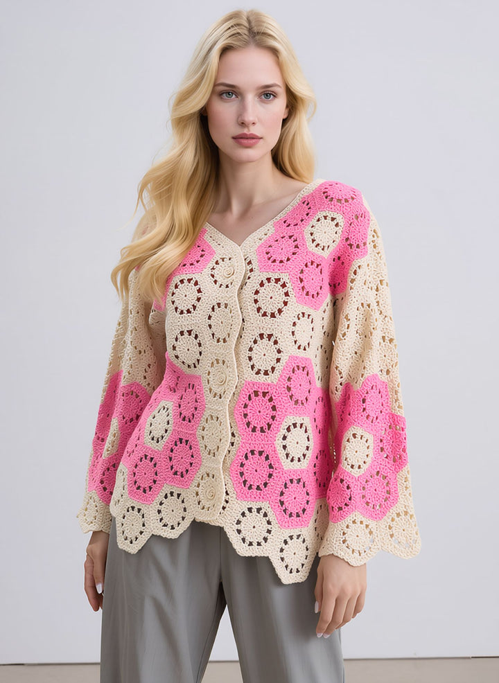Pink & Cream Crochet Button Front Cardigan