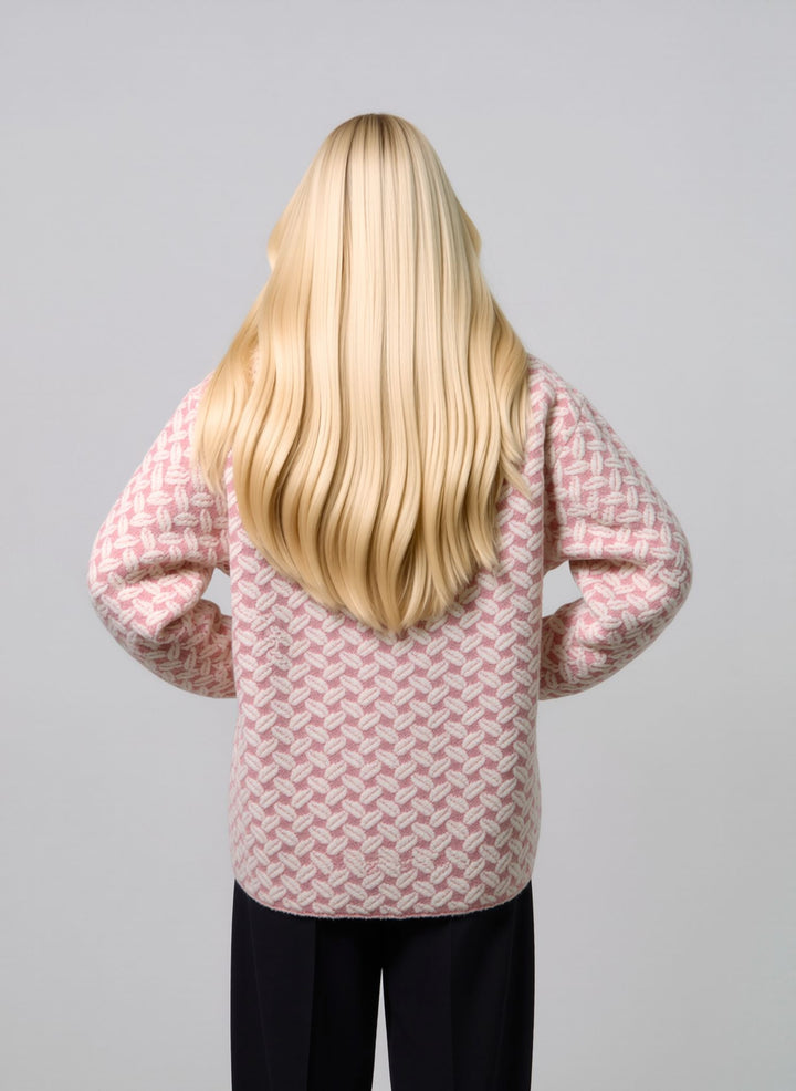 Pink & Cream Jacquard Knit Button-Up Premium Heavy Cardigan