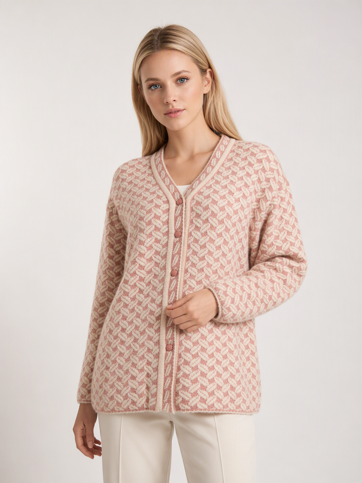 Pink & Cream Jacquard Knit Button-Up Premium Heavy Cardigan