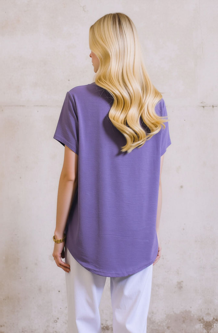 Purple Crew Neck Casual Short Sleeve Loose Fit Summer Top with Necklace