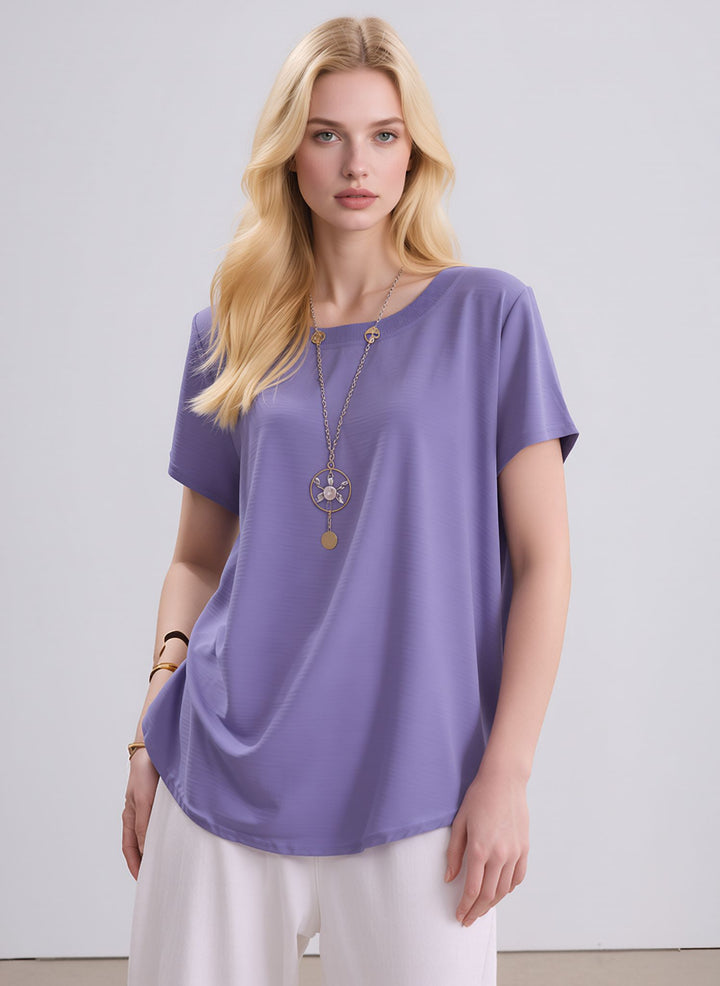Purple Crew Neck Casual Short Sleeve Loose Fit Summer Top with Necklace