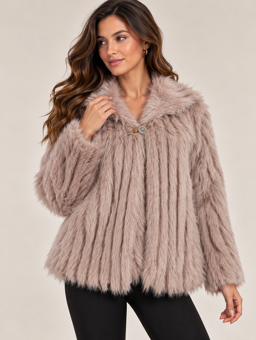 Purple Elegant Long Pile Faux Shaggy Fur Jacket with Decorative Jewel Clasp