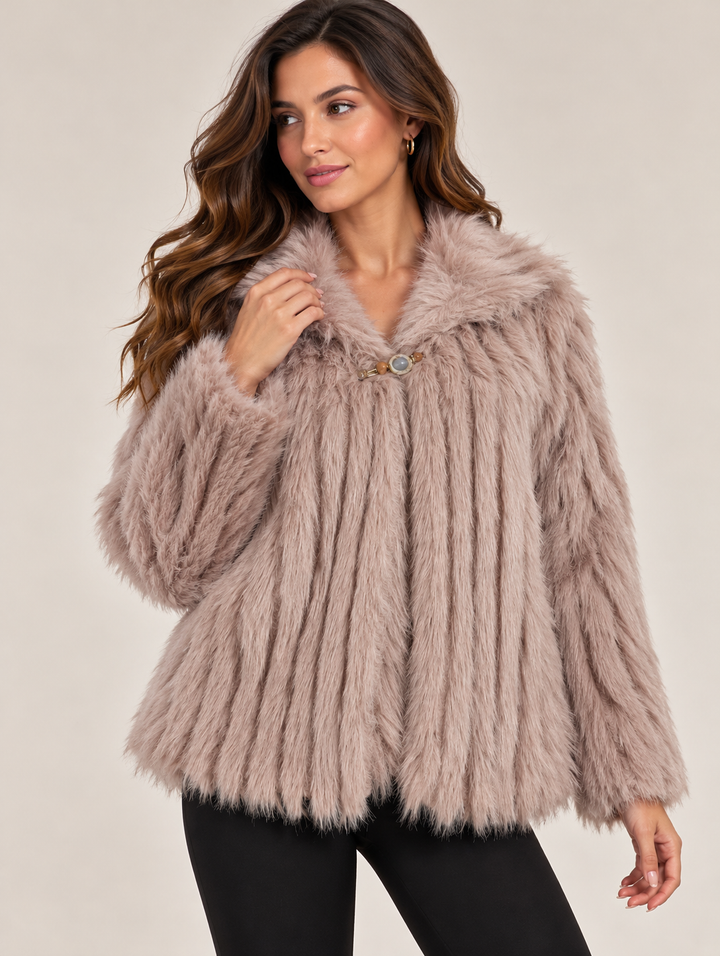Purple Elegant Long Pile Faux Shaggy Fur Jacket with Decorative Jewel Clasp