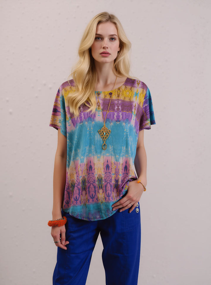 Purple Multicolour Abstract Print Top with Necklace