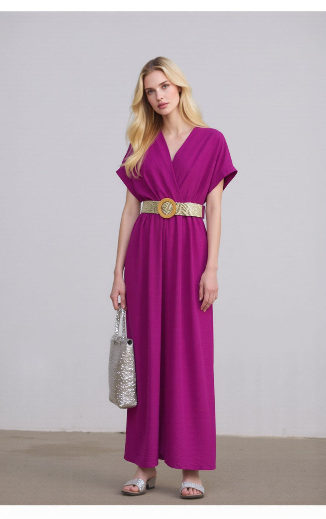 Purple V-Neck Wide Leg Jumpsuit with Belt