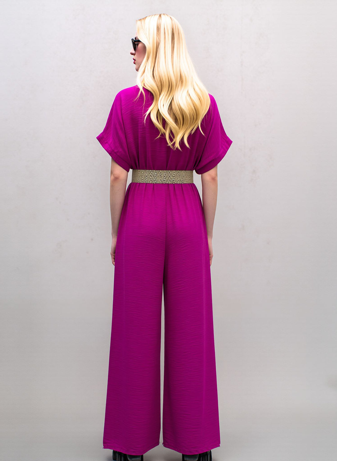Purple V-Neck Wide Leg Jumpsuit with Belt