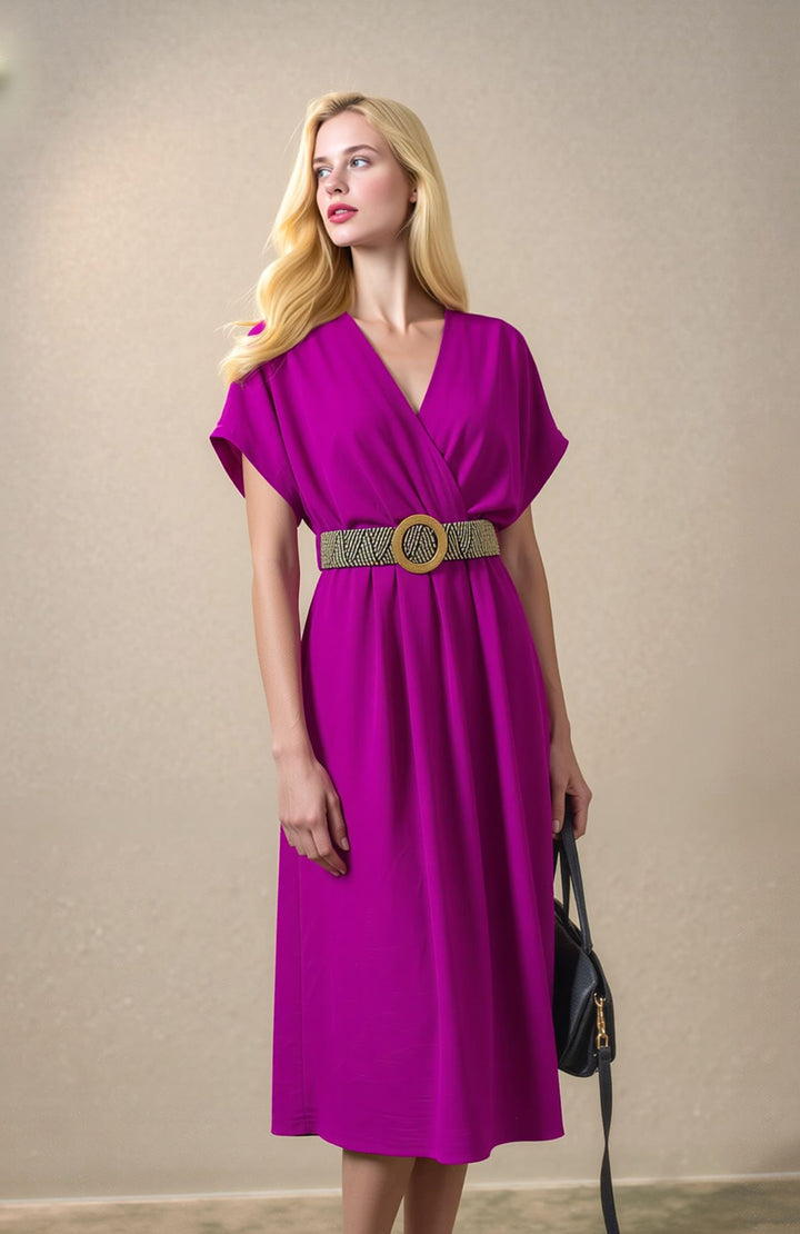 Purple Wrap Midi Dress Elegant Summer Occasion Dress with Belt