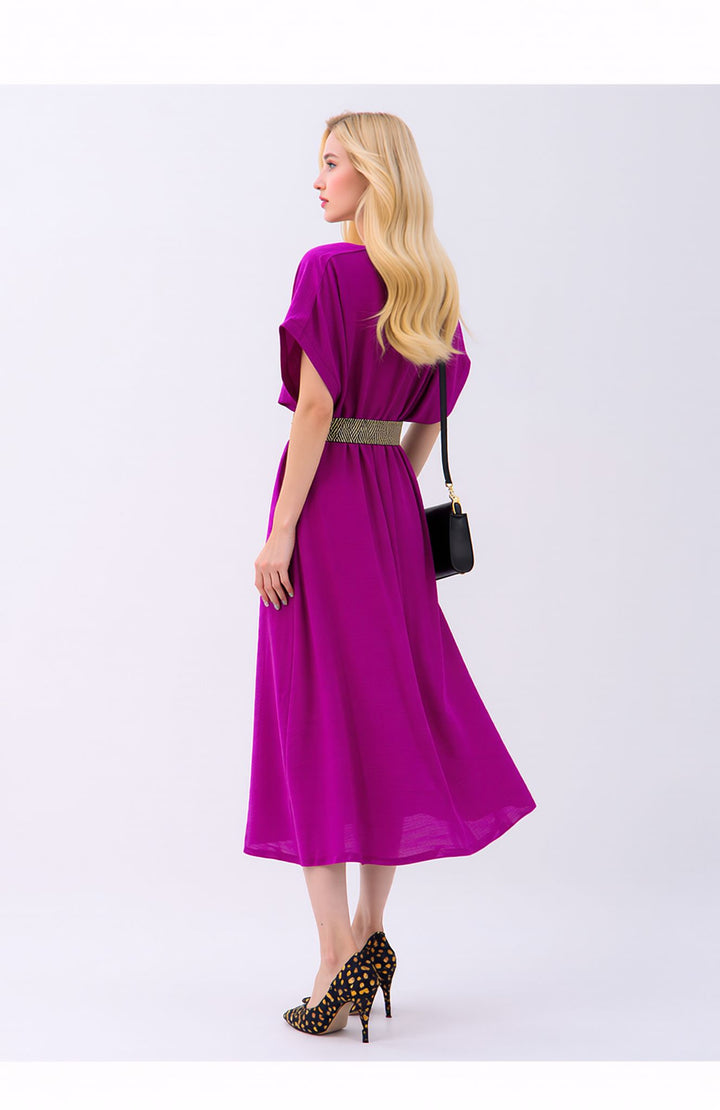 Purple Wrap Midi Dress Elegant Summer Occasion Dress with Belt
