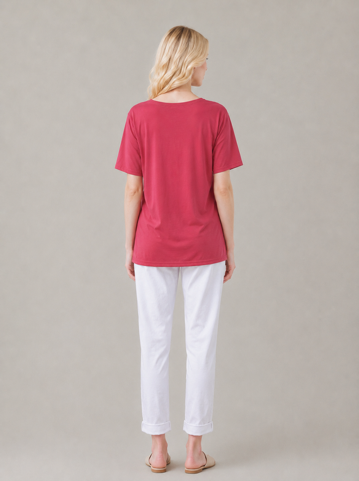 Raspberry Pink Embroidered Round Neck T-Shirt Soft Casual Summer Top