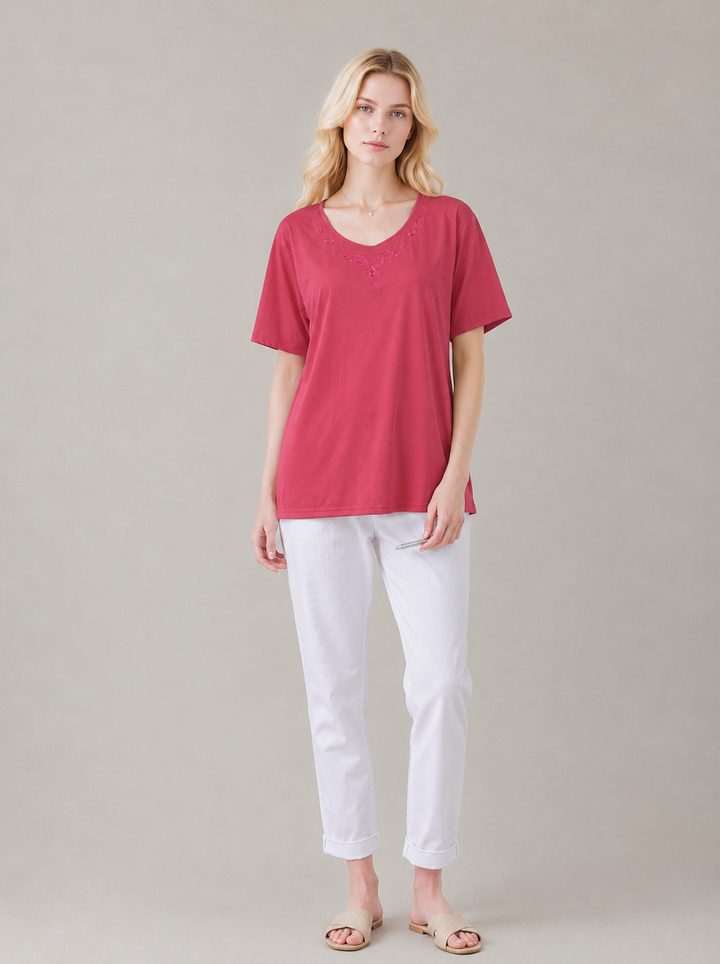 Raspberry Pink Embroidered Round Neck T-Shirt Soft Casual Summer Top