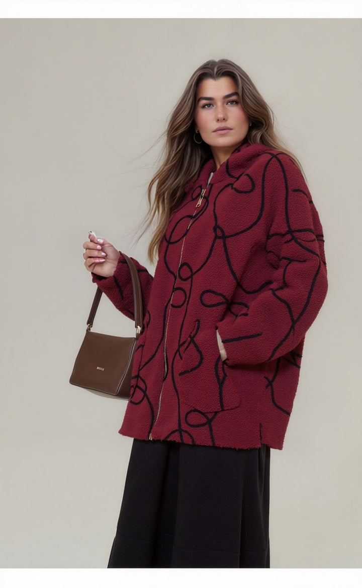 Red Bouclé Fleece Zip Up Hooded Jacket