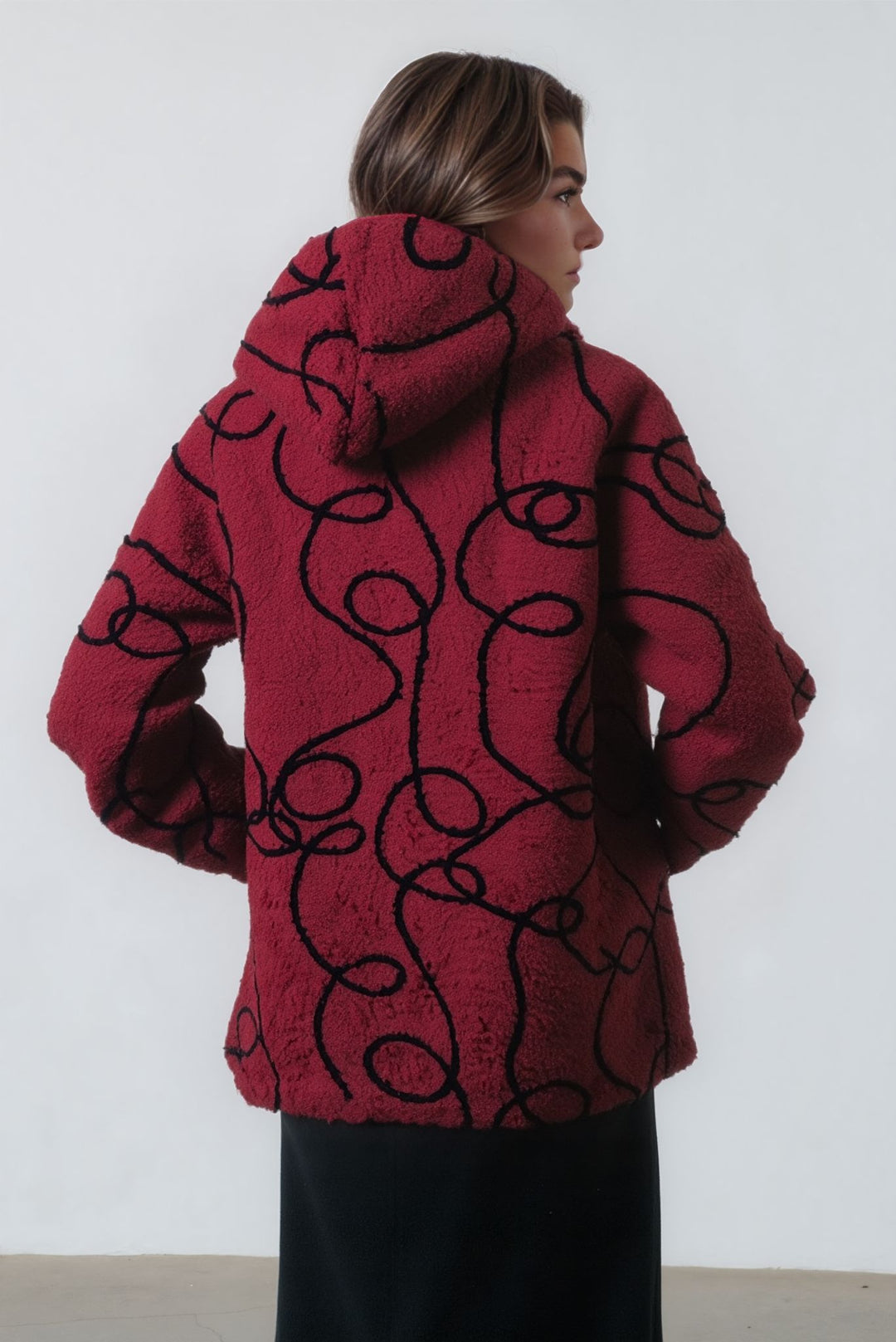 Red Bouclé Fleece Zip Up Hooded Jacket