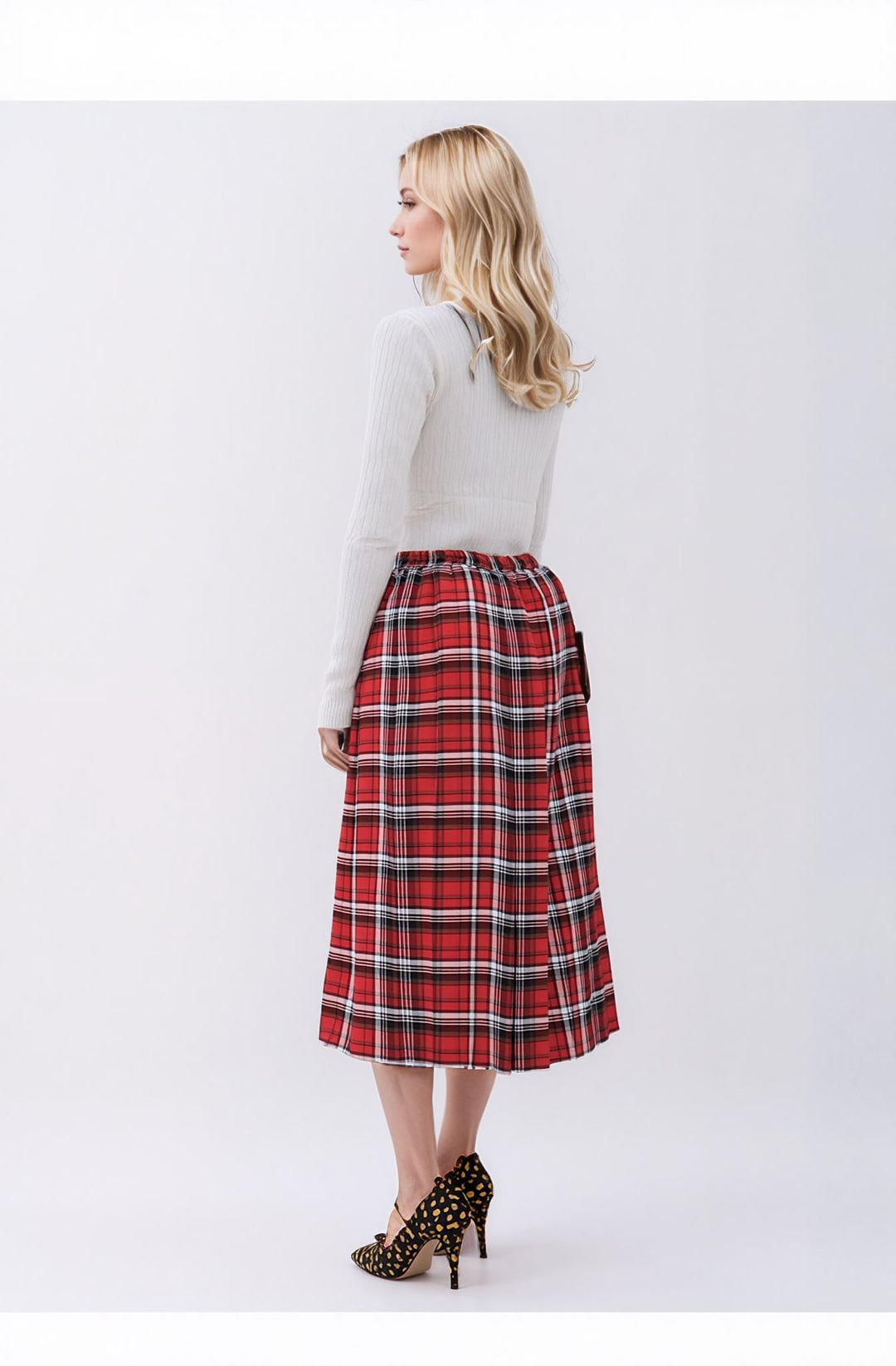 Red Check Pleated Lined Elasticated Straight Skirt