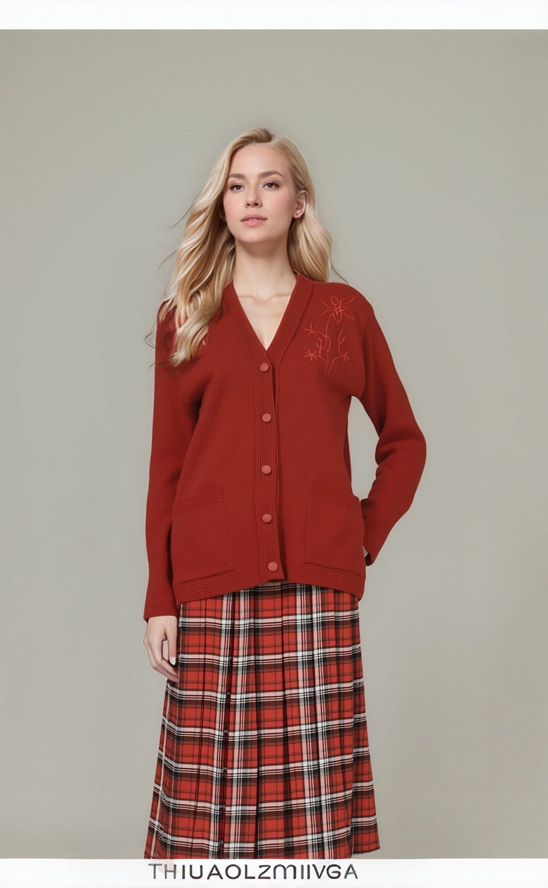 Red Check Pleated Lined Elasticated Straight Skirt