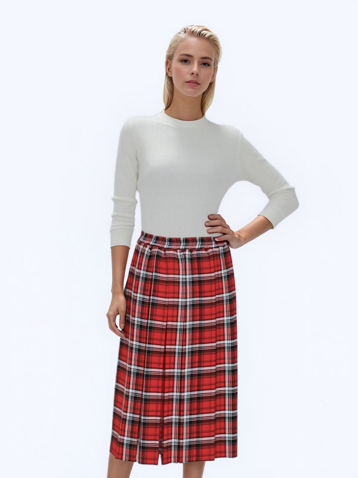 Red Check Pleated Lined Elasticated Straight Skirt
