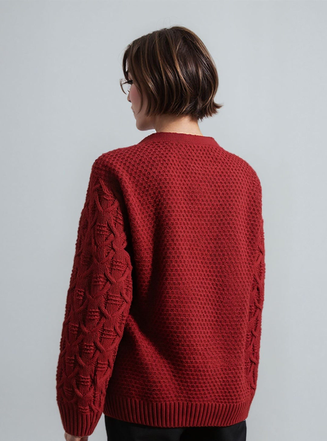 Red Diamond Design Aran Style Round Neck Jumper