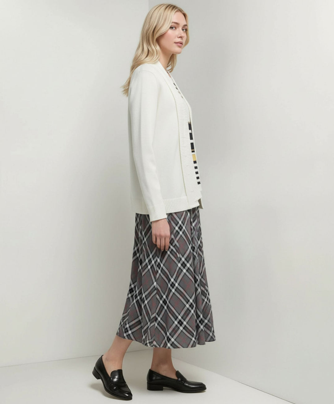 Grey Elasticated Lined A-Line Checked Tartan Skirt